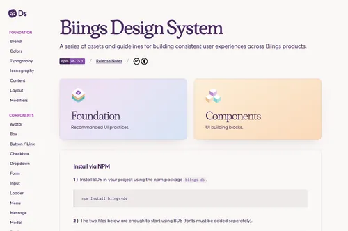 Biings Design System website screenshot